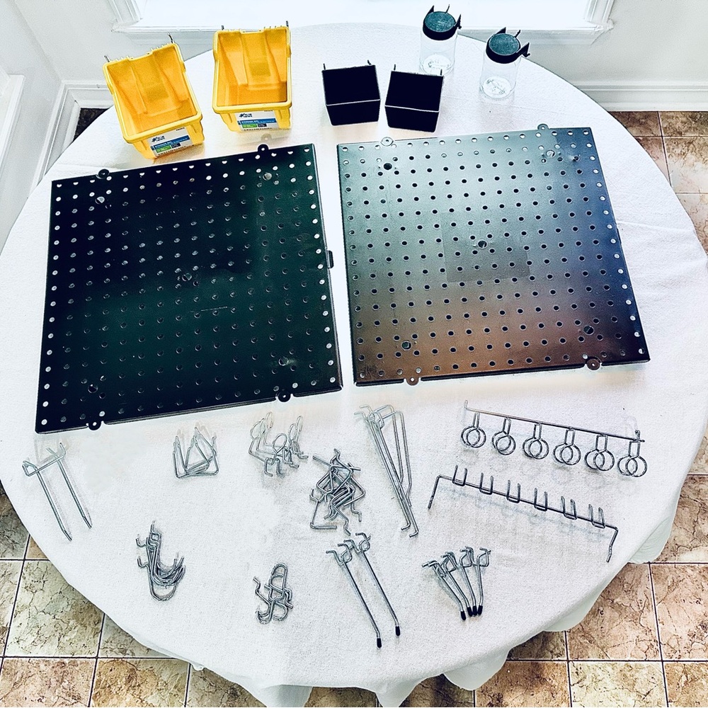 (2) STEEL PEGBOARDS (Black) + Accessories (over 50 items included)